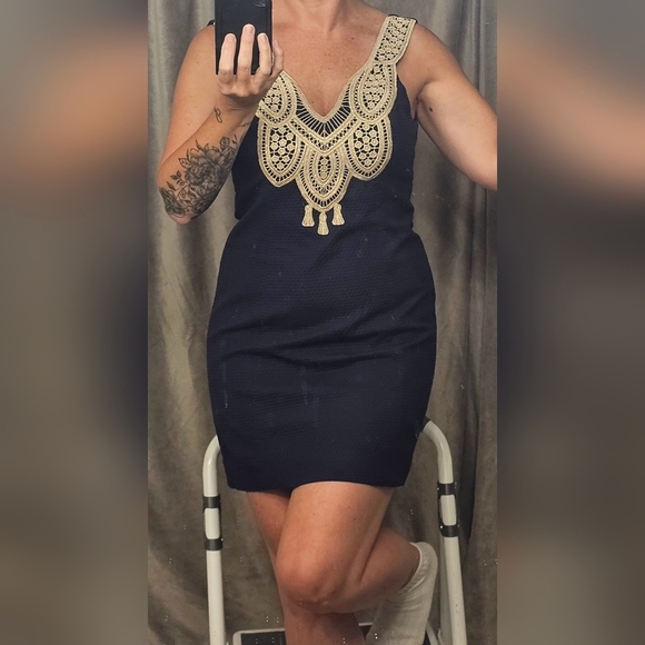 Lilly Pulitzer Dresses & Skirts - Lilly Pulitzer Navy Blue Sheath Dress Gold Crochet Embellished Sleeveless